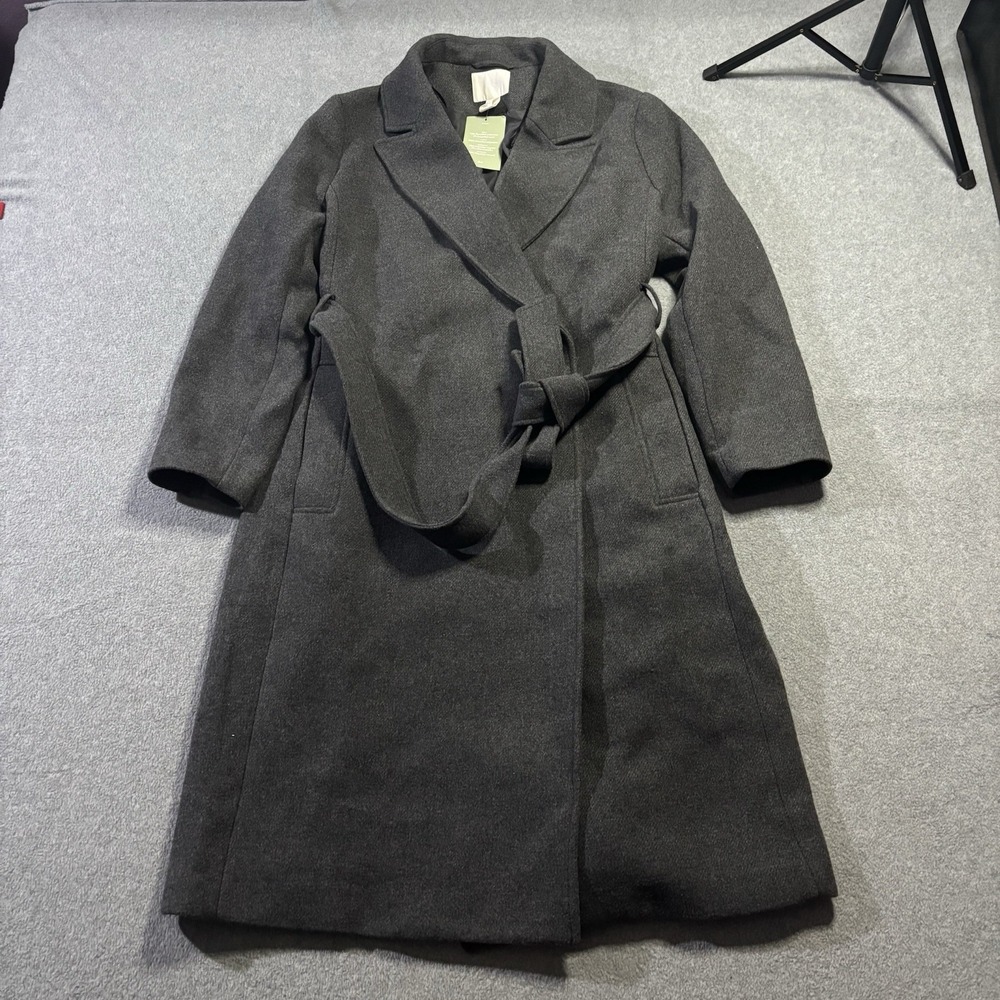 NWT H&M Dark Gray Belted Wrap Coat Women's Size Large Wool Blend Long Overcoat